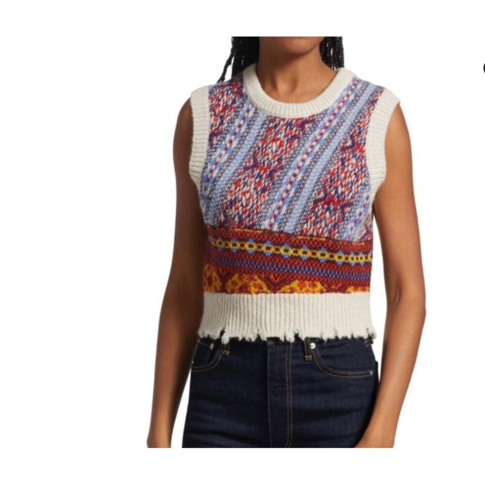 Rag & Bone Hollis Fair Isle Wool Alpaca Blend Rib Knit Vest Crew Neck Distressed